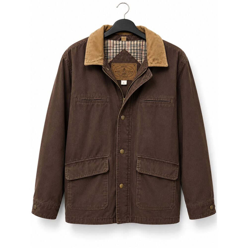 Fieldmaster Men’s Large Brown Canvas Work Jacket Tan Collar Plaid Lined Utility